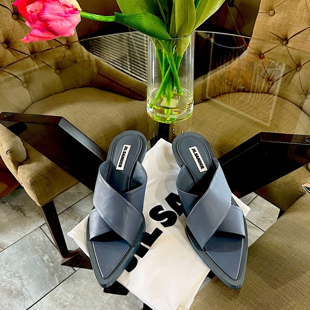 Jill Sander slate blue criss cross sandals.
